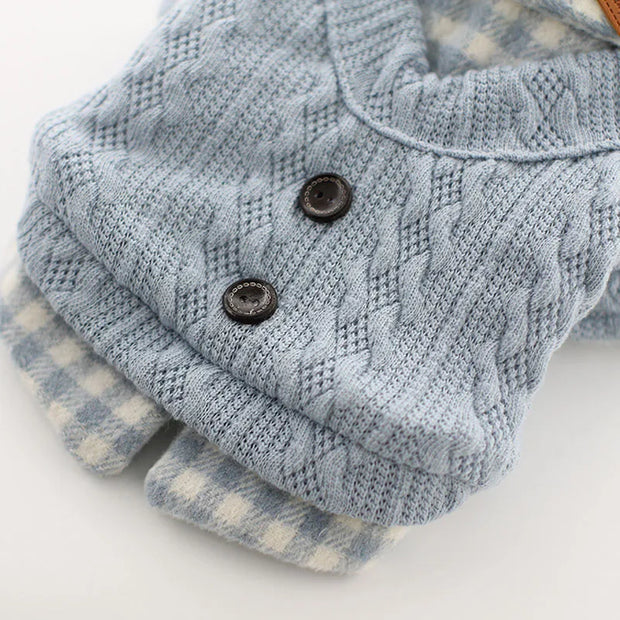 Light Blue Wool Knitted Sweater with Checkered Collar