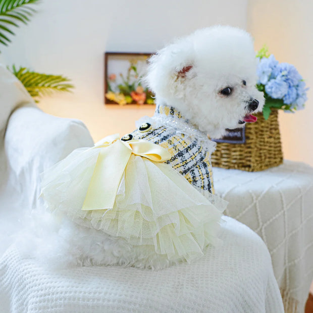 Vestido de tul francés con lazo amarillo para perros: moda elegante para perros