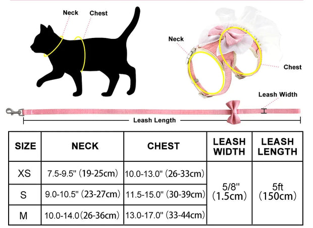 Süßes Katzengeschirrkleid mit Schleife + gratis Leine im Set 