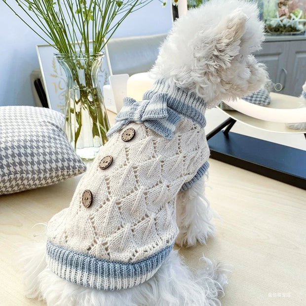 Winter Blue Bow Knitted Sweater Suitable for Small and Medium Dogs